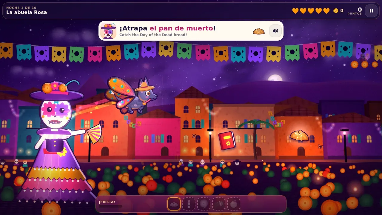 Xolo y la Ofrenda gameplay: Xolo flies over the 3D town on the Day of the Dead, with the Catrina, the marigold field and the moon