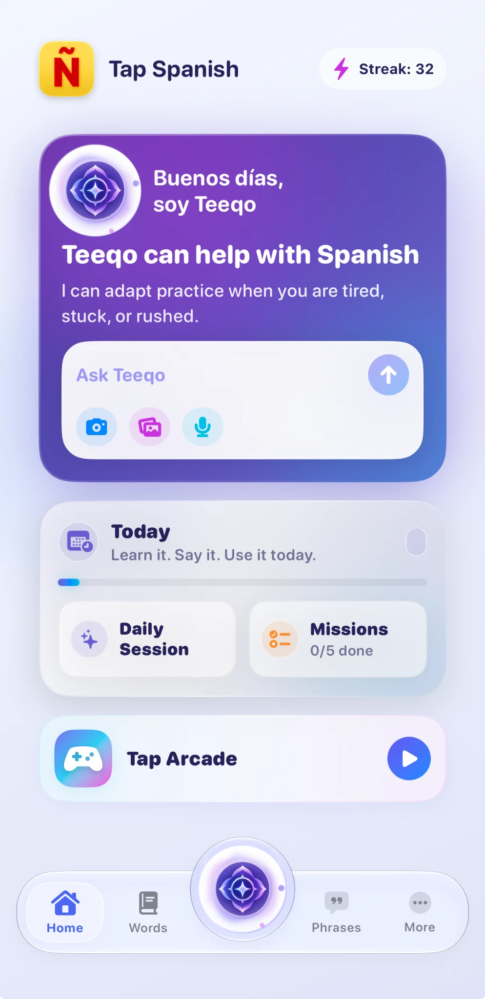 Real Tap Spanish Home screen showing Teeqo, Daily Session, Missions and Tap Arcade