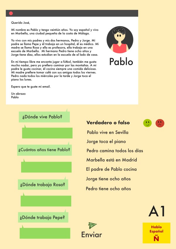 A1 Spanish Comprehension Worksheets